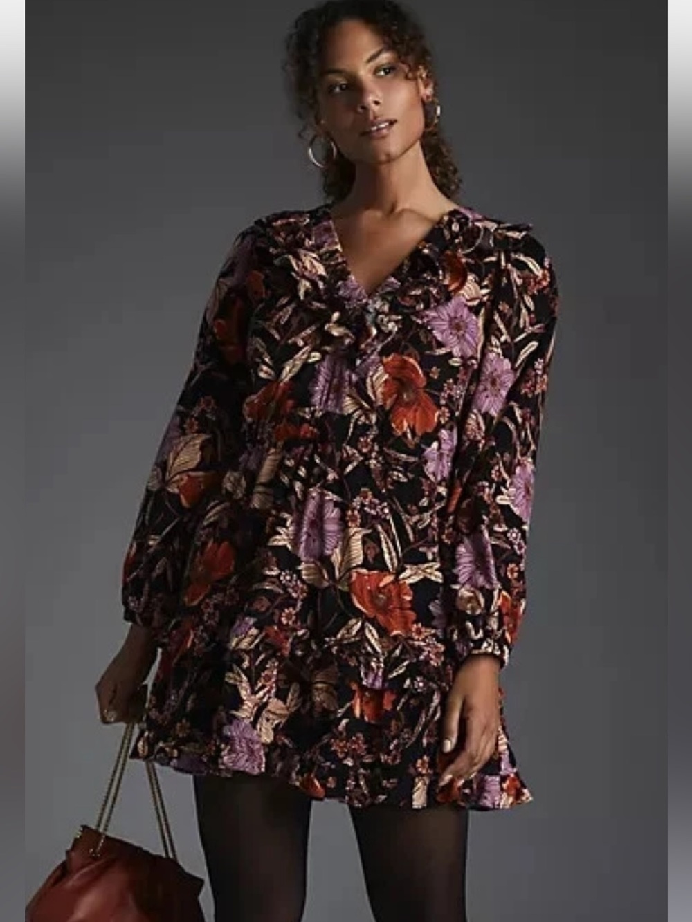 Pilcro Black Dress with Purple & Orange Floral Print Corduroy Sz XS NWOT